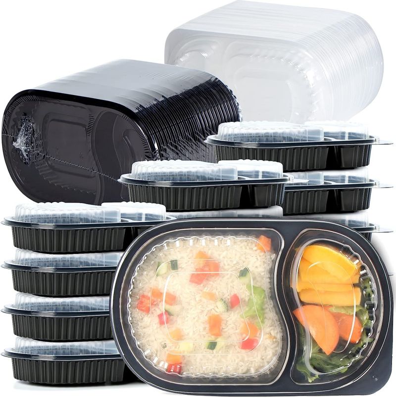 Meal Pre Plastic Microwavable Black Takeout Box 2-Compartment